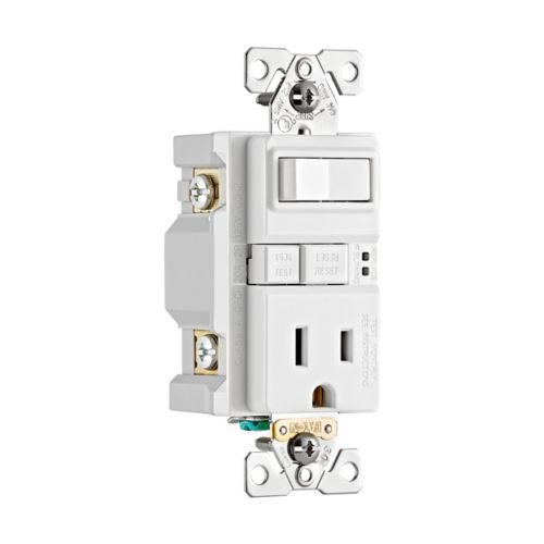 White Eaton tamper-resistant 15A duplex GFCI receptacle with self-test feature, designed for electrical wiring and safety.