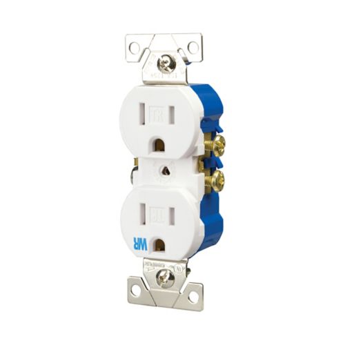 White Eaton 15A residential weather-resistant duplex receptacle with tamper-resistant safety shutters, by Cooper Wiring Devices.