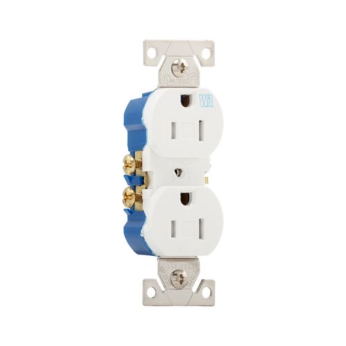 White Eaton 15A weather-resistant and tamper-resistant duplex electrical outlet by Cooper for residential wiring.