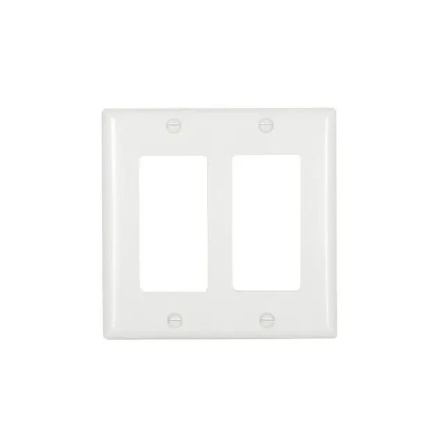 White Eaton Jumbo 2-Gang Decora Wallplate by Cooper, showing a durable plastic cover with two openings for wiring devices.