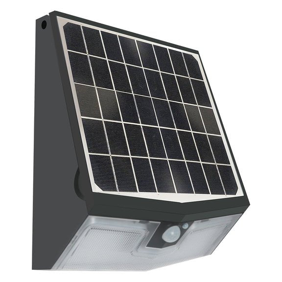 Beyond LED 15W solar wall pack with 1500 lumens, 4000K LED solar powered outdoor light illuminating a wall at dusk