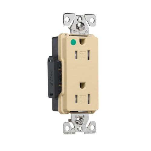 Eaton hospital-grade ivory 15A decorator duplex receptacle with flush mount for 14-10 AWG wires, 125V electrical outlet
