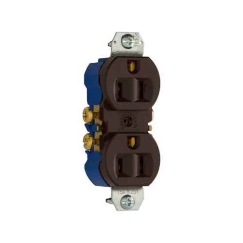Brown Eaton 15A duplex receptacle by Cooper, 125V wiring device for #14-10 AWG electrical wiring.