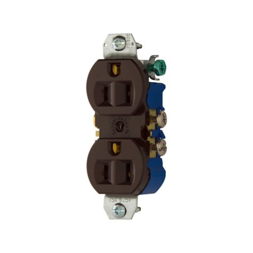 Brown Eaton 15A Duplex Receptacle by Cooper, 125V wiring device for #14-10 AWG electrical connections.