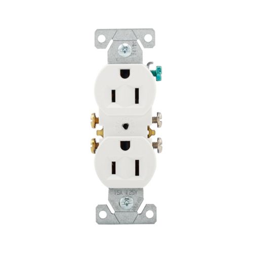 Cooper 15A white duplex receptacle with impact-resistant thermoplastic housing, rated for 125V, used in wiring installations.