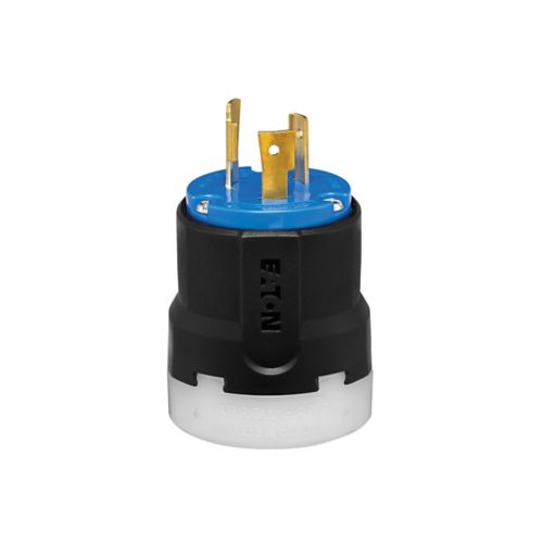 Cooper 20A 250V color-coded locking plug for industrial wiring, with #14-8 AWG compatibility, shown with electrical cord.