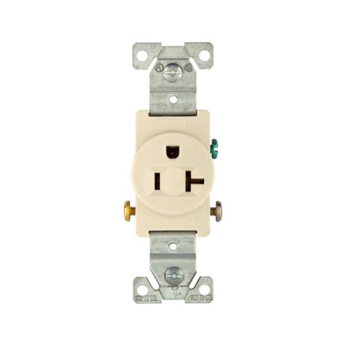 Cooper 20A Light Almond commercial single outlet receptacle with 125V wiring device installed on wall.