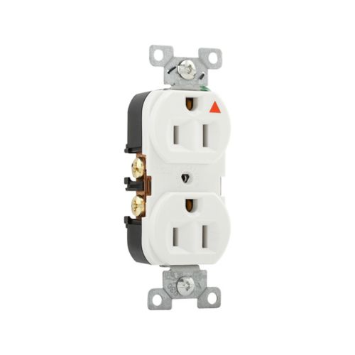 Eaton 15 Amp industrial white tamper-resistant duplex receptacle by Cooper wiring devices, with safety cover and mounting screws visible