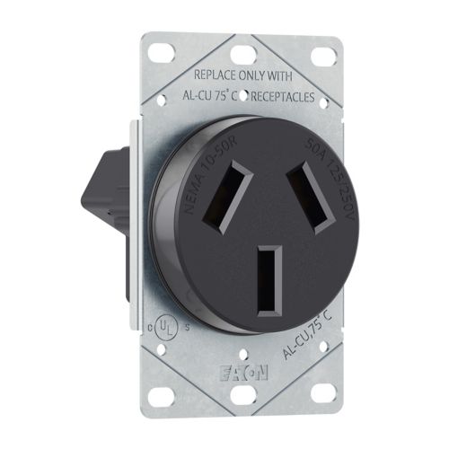 Black Eaton 50-Amp 125/250-Volt commercial round range receptacle by Cooper Wiring Devices, designed for heavy-duty electrical connections.