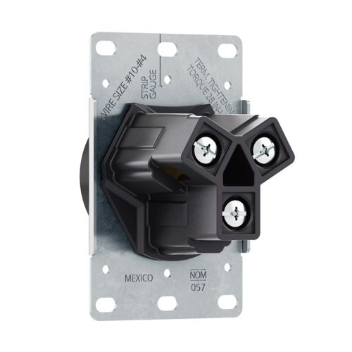Black Eaton 50-Amp 125/250-Volt commercial round range receptacle by Cooper Wiring Devices, showing the round electrical outlet.