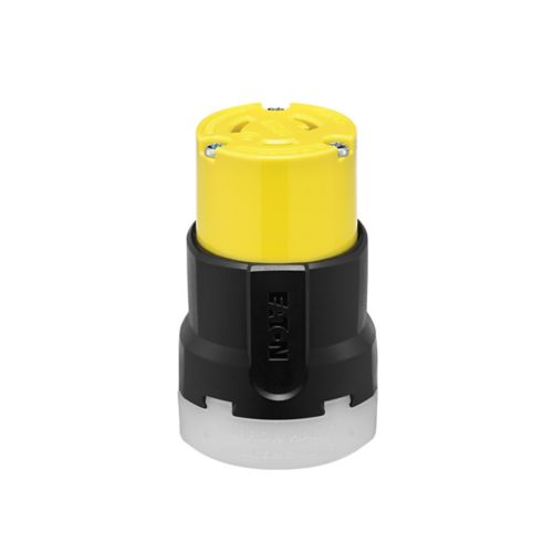 Eaton Arrow Hart yellow and black color-coded locking connector for #14-8 AWG wires, 20A, industrial nylon wiring device.