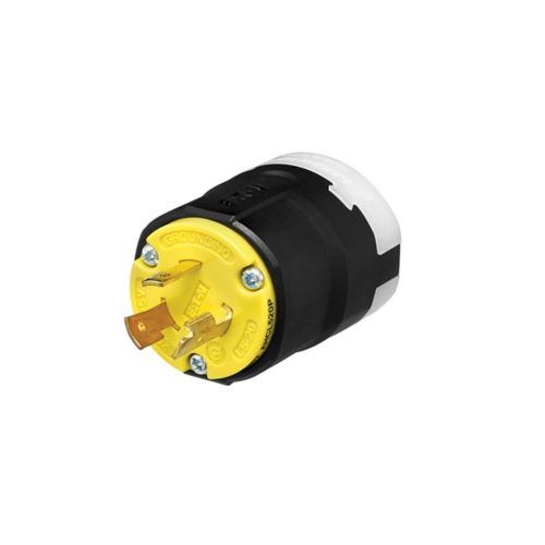 Eaton Arrow Hart yellow and black color-coded locking plug with nylon body, 20A, 125V, industrial wiring device, back view.