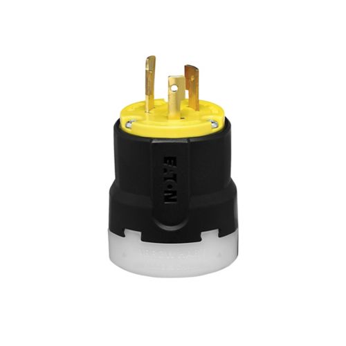 Eaton Arrow Hart color-coded locking plug with yellow and black nylon body, 20A, 125V industrial wiring device with Ultra Grip design.