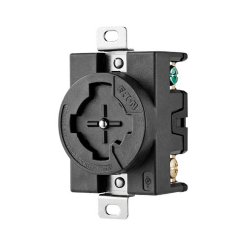 Black Eaton Arrow Hart locking receptacle for industrial use, 20A and 30A, rated for 600/250V, by Cooper Wiring Devices