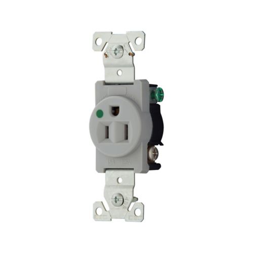 Eaton hospital-grade gray single receptacle with 15A, 125V, flush mount, heavy-duty wiring device by Cooper.