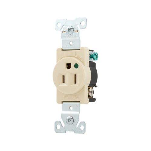 Eaton heavy-duty hospital-grade single electrical receptacle in ivory, 15A, flush mount for 125V wiring devices.