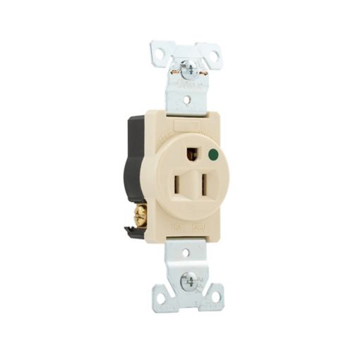 Eaton hospital-grade single receptacle in ivory, 15A, flush mount, 125V, designed for heavy-duty electrical wiring.
