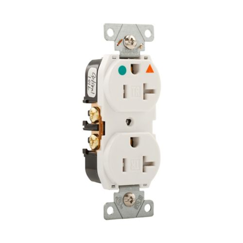 White Eaton heavy-duty hospital-grade 20 Amp duplex receptacle with #14-10 AWG wiring, designed for reliable electrical connections.
