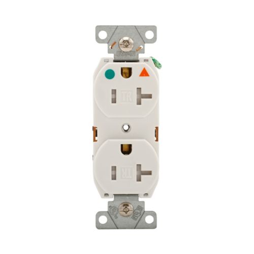 White Eaton heavy-duty hospital-grade 20 Amp duplex receptacle with #14-10 AWG wiring, manufactured by Cooper Wiring Devices.
