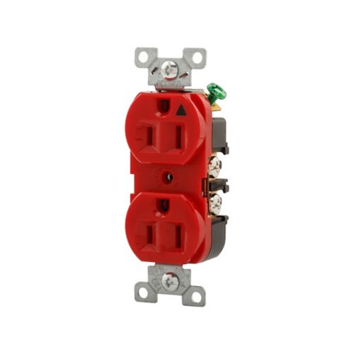 Red Eaton heavy-duty industrial 15A duplex receptacle with #14-10 AWG wiring, durable spec grade wiring device by Cooper.