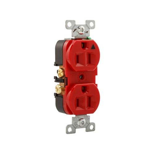 Red Eaton heavy-duty industrial 15A duplex receptacle with #14-10 AWG wiring, durable Cooper wiring device for industrial use.