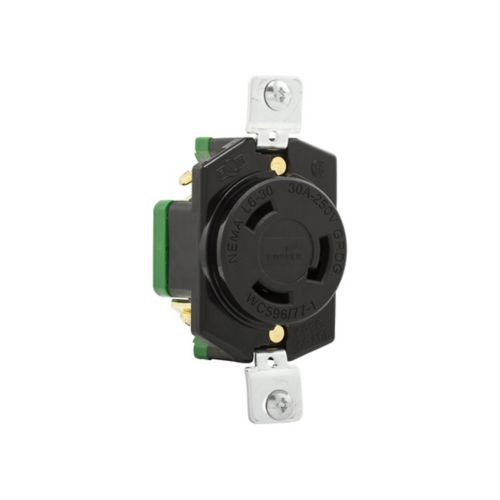 Eaton locking receptacle by Cooper, black, single L6-30, industrial 30A, 250V, back wiring, two-pole, three-wire.