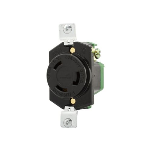 Black Eaton locking receptacle for industrial use, #14-8 AWG, 30A, 250V, back wiring, single L6-30 two-pole three-wire.