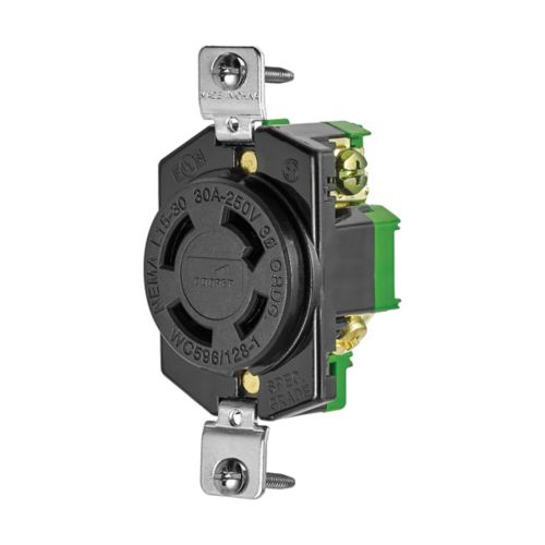 Black Eaton locking receptacle, #18-10 AWG, 30A industrial wiring device, single L15-30 three-pole, back wiring, 250V