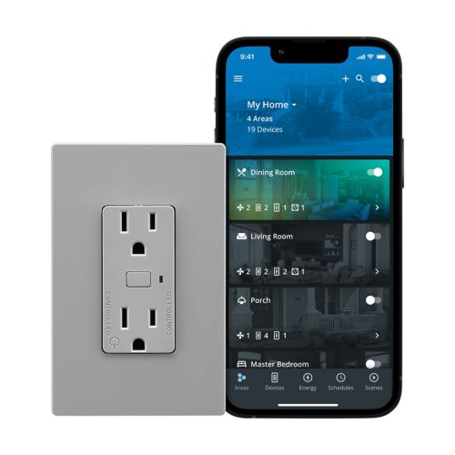 Eaton PLT Wi-Fi Smart Duplex Gray Receptacle with tamper-resistant design, 120V, 15A, split control, neutral required, residential wiring device.