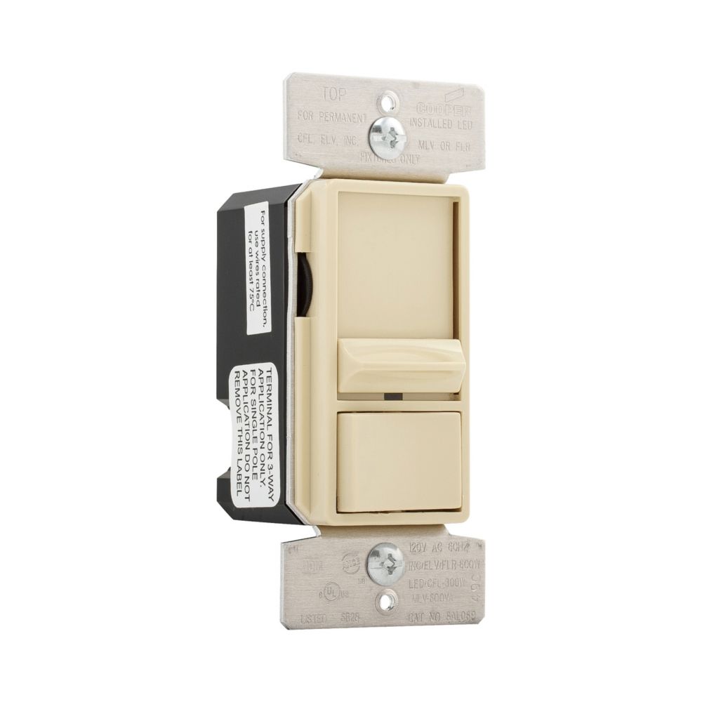Eaton Ivory slide dimmer switch by Cooper, single-pole, 120V, 600W, made of durable polycarbonate for wiring and lighting control.