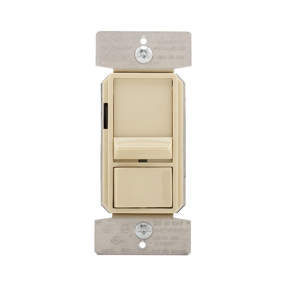 Eaton Slide Dimmer switch in ivory, made of polycarbonate, for single-pole, single-phase 120V wiring, 600W capacity.