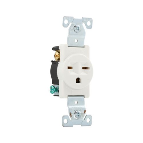Eaton white straight blade 15A single receptacle, specification grade wiring device with visible prongs and mounting screw
