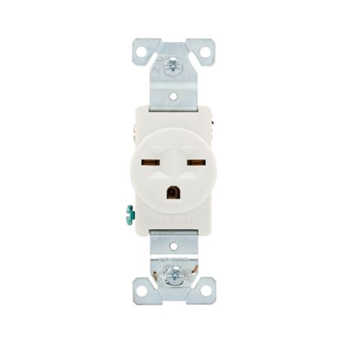 White Eaton Straight Blade 15A specification grade single receptacle by Cooper wiring devices, mounted on a wall.