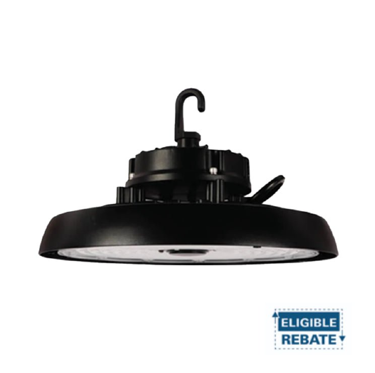 Black LED UFO High Bay fixture by Earthtronics, 200/240/300W, with adjustable brightness and color options for industrial lighting.