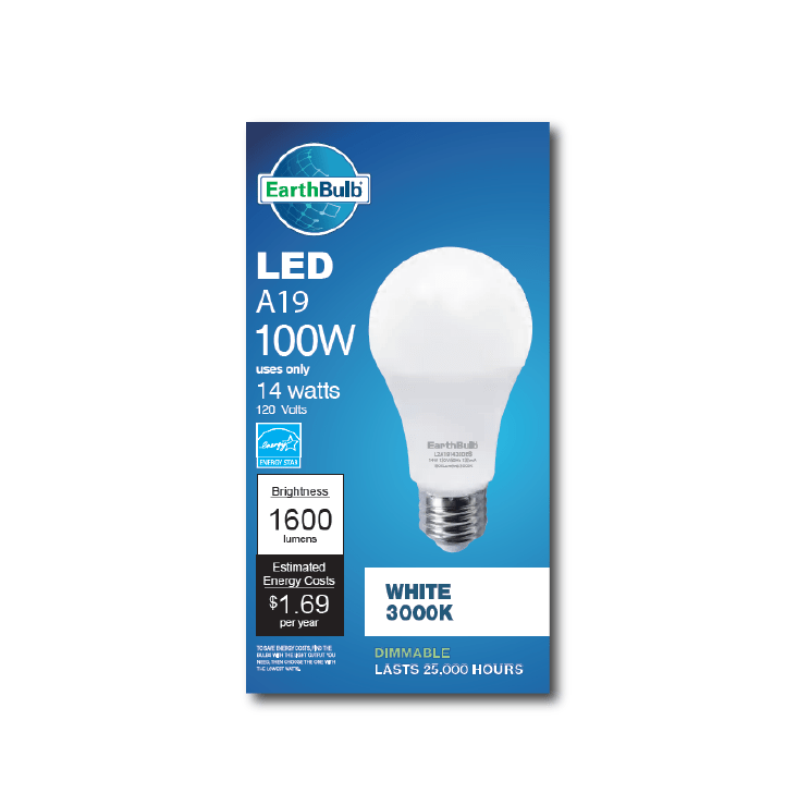 Earthtronics LED 14W A19 bulb with 1600 lumens, 3000K warm light, dimmable, suitable for residential lighting.