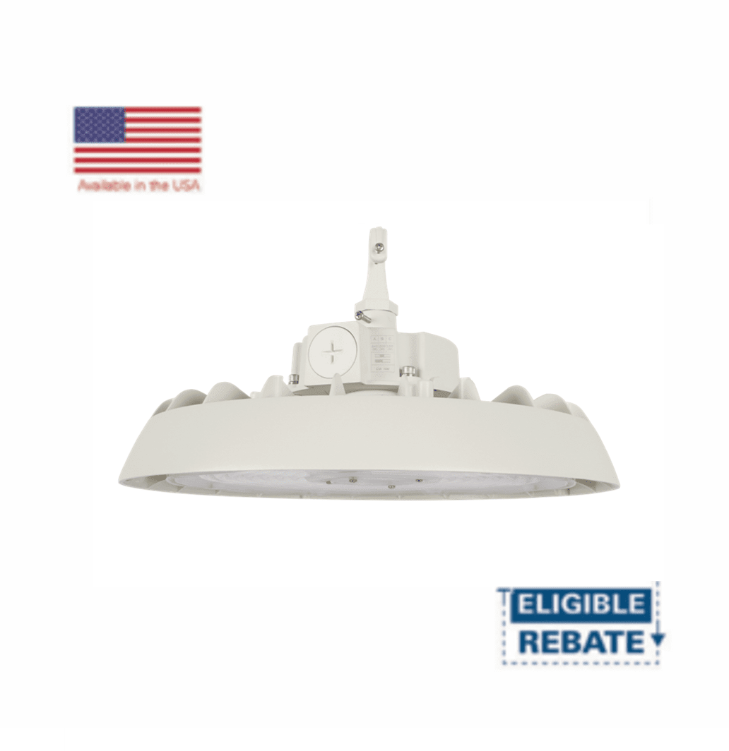 White Earthtronics LED UFO high bay light with color and wattage selectability, featuring adjustable brightness for industrial lighting.
