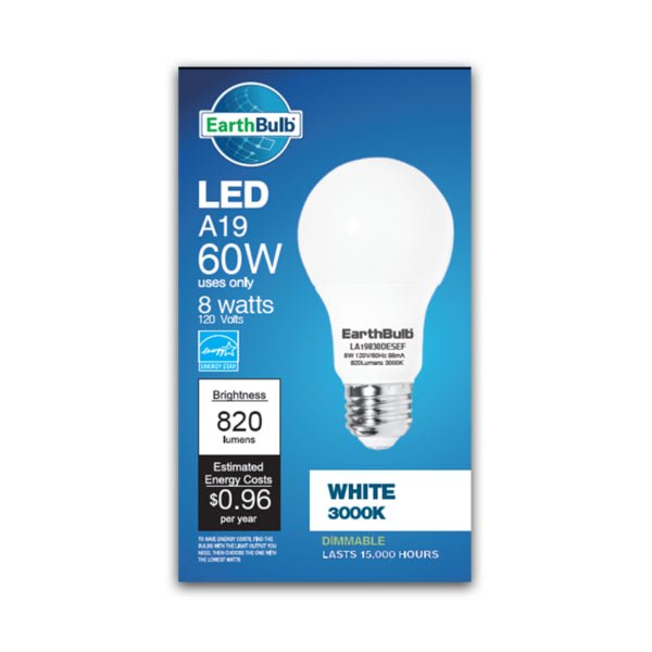 Earthtronics LED 8W A19 bulb emits 820 lumens at 3000K, providing warm white light for home lighting.