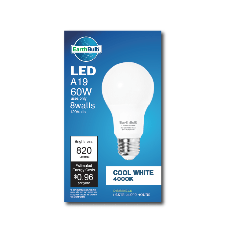 Earthtronics LED 8W A19 bulb emitting 820 lumens with 4000K cool white light, suitable for home or office lighting.