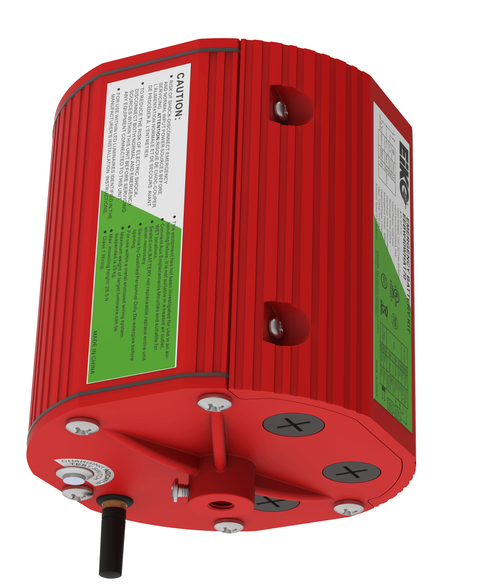 Eiko emergency battery for external 40W emergency lighting, cylindrical IP65 design, 100-347VAC voltage, CEC compliant.
