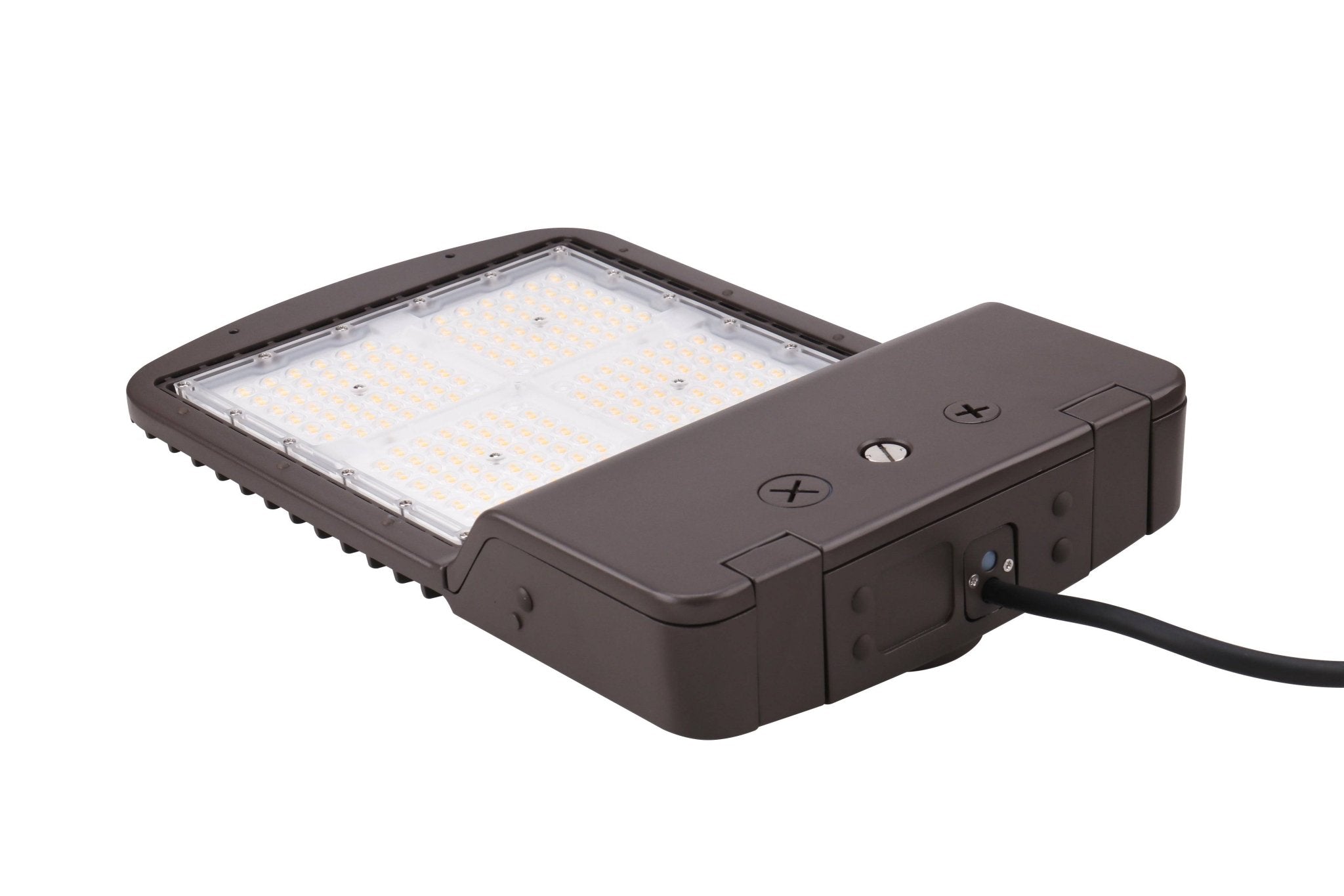Eiko 150W LED area light with bronze finish, 4000K color, Type 3 lens, dimmable outdoor exterior lighting fixture.