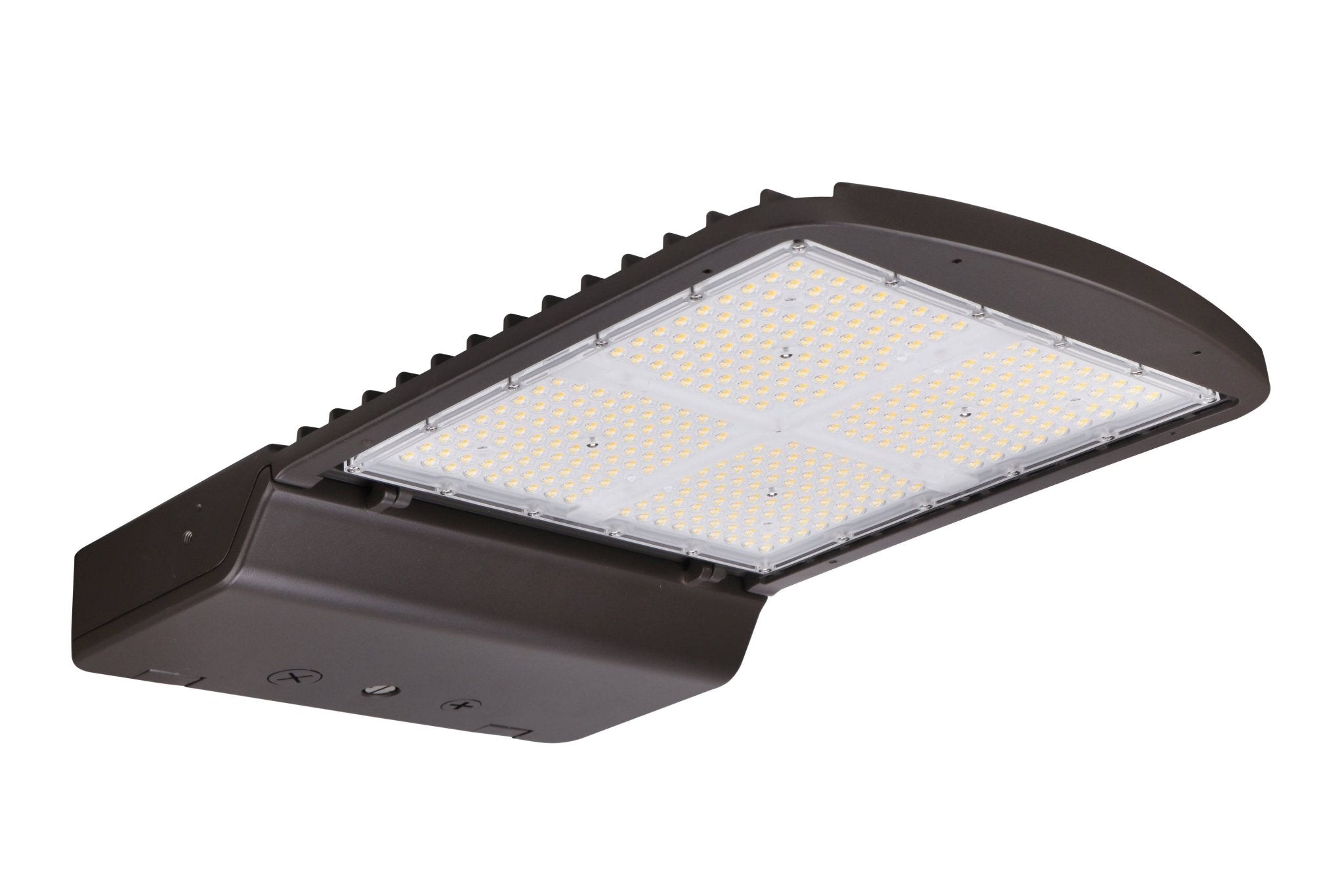 Eiko LED Area Light PowerSet 300/240/200W in bronze, exterior fixture with Type 5 lens, dimmable, 3000K color, 120-277V.