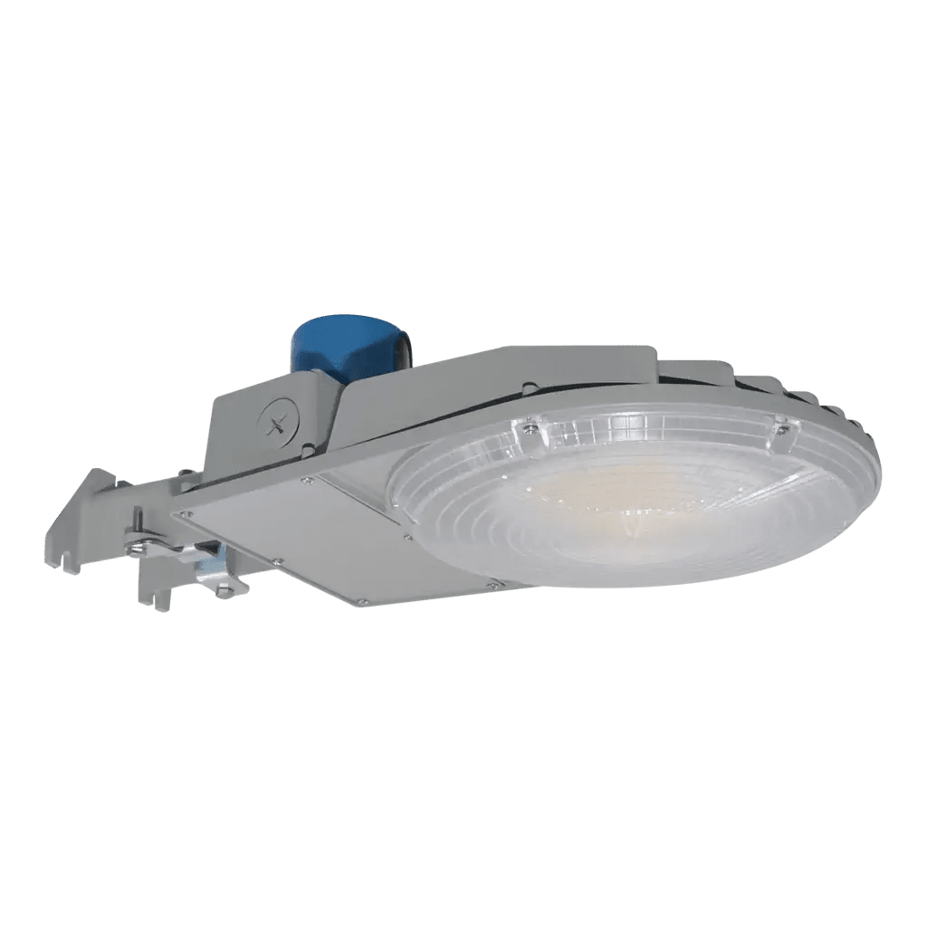 Eiko LED dusk to dawn exterior lighting fixture with adjustable wattage and CCT, featuring NEMA photocell for outdoor illumination.