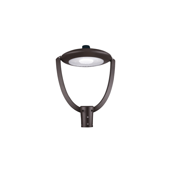 Matte black Eiko LED PT3-150GS-3 post top light with adjustable CCT for exterior lighting, showcasing the fixture's design and features.