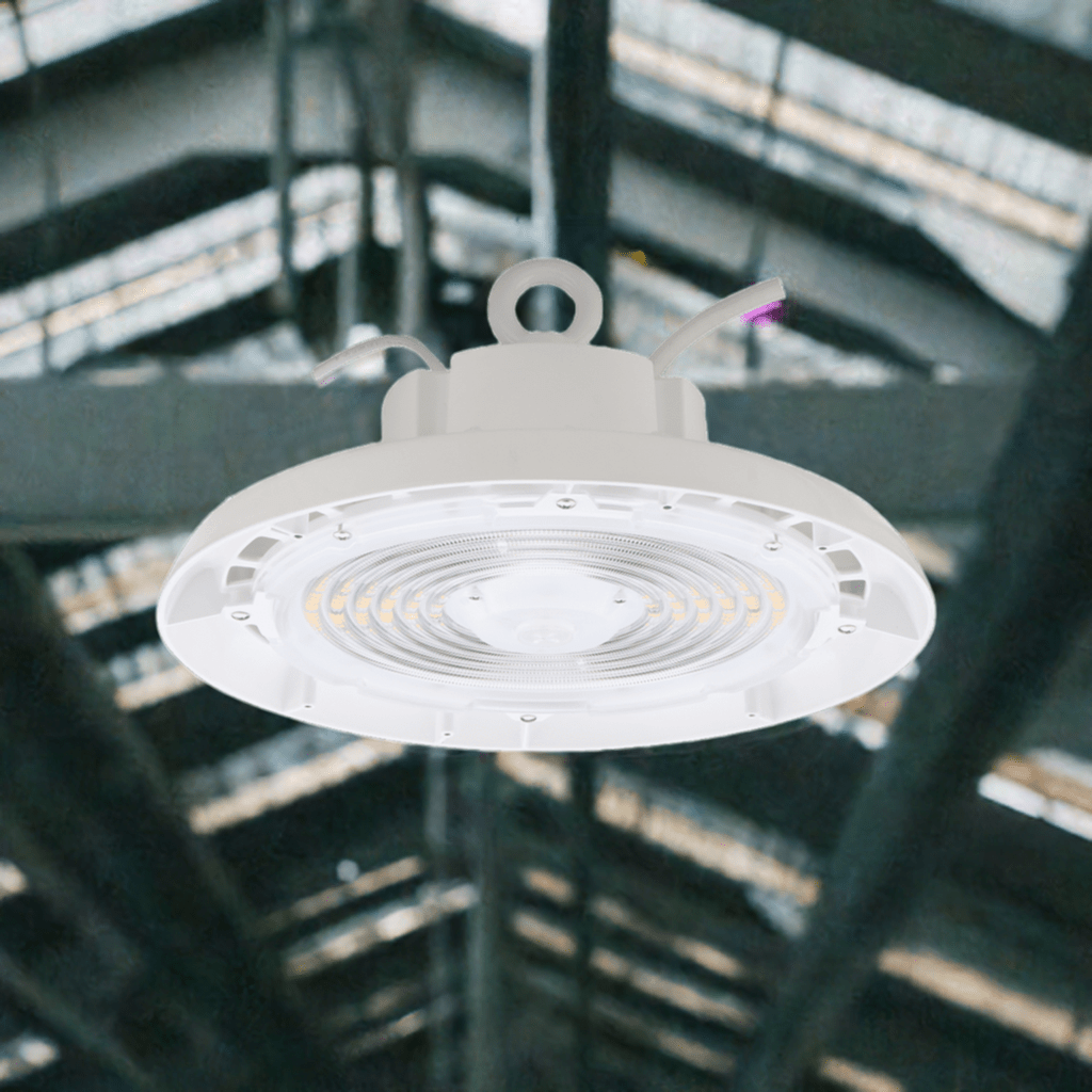 Eiko BAYE3 round high bay LED light in white, 240/200/180W, 3500K-5000K, 120-277V with 0-10V dimming, for commercial lighting