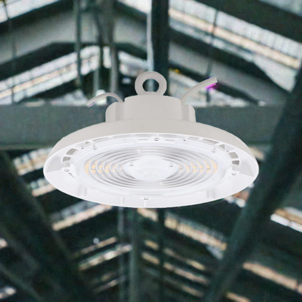 Eiko BAYE3 round high bay LED light in white, 240/200/180W, 3500K-5000K, 120-277V with 0-10V dimming, for commercial lighting
