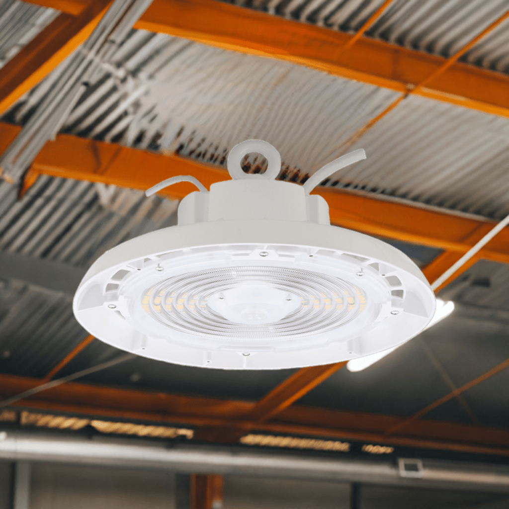 Eiko BAYE3 Round High Bay LED light fixture in white, 240W, 200W, 180W with 3500K to 5000K color options and dimming feature