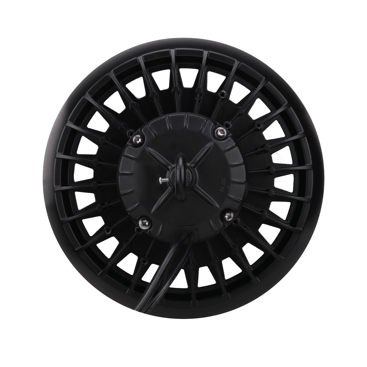 Eiko 100W LED Round High Bay light in black with 5000K daylight color, dimmable, suitable for commercial high ceiling lighting.