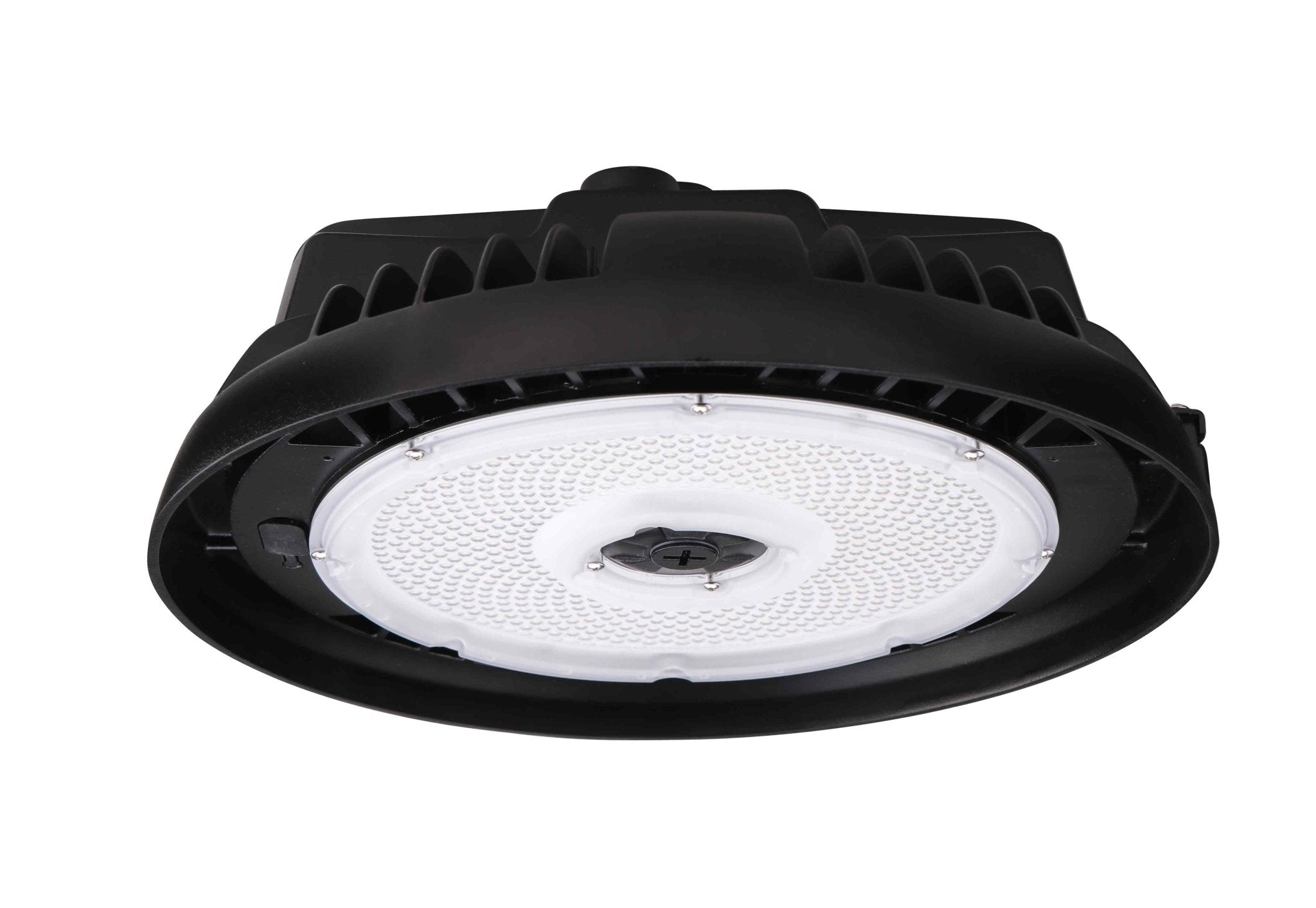 Eiko LED Round High Bay light with PowerSet 150W, dimming, 4000K color, black finish, suitable for industrial lighting.