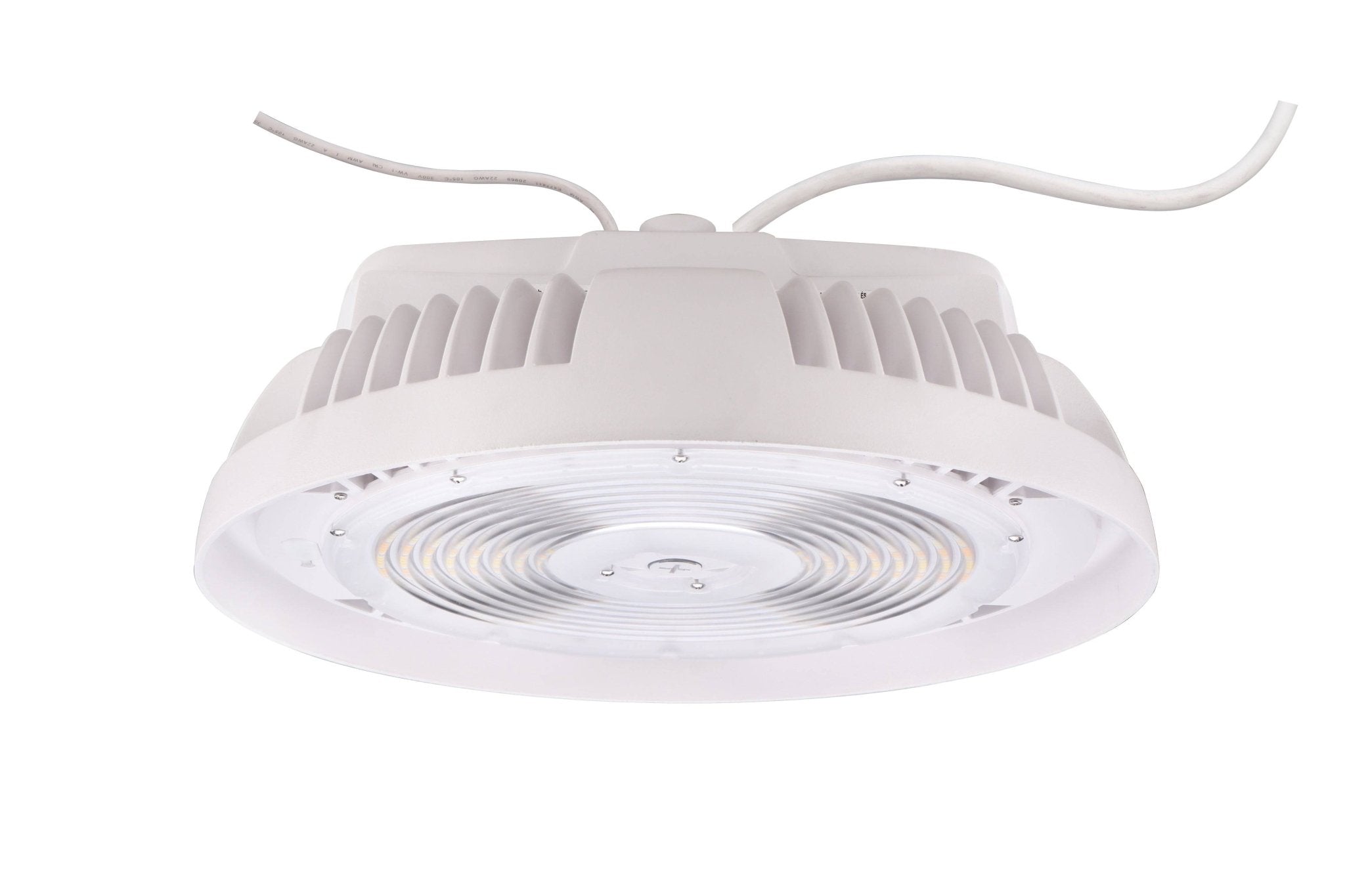 Eiko Round LED High Bay light, PowerSet 240W, 4000K, 5000K, dimmable, white finish, suitable for industrial or commercial spaces.