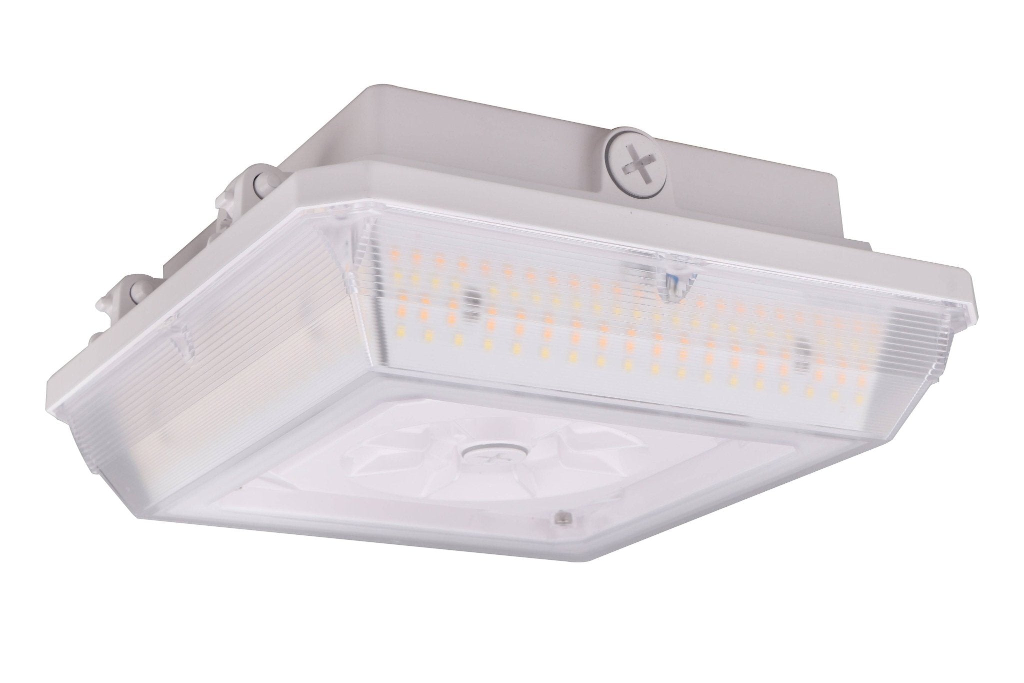Eiko LED parking garage fixture PowerSet 45/35/25W with 4000K-5000K color temperature, white finish, 0-10V dimming, for commercial lighting.